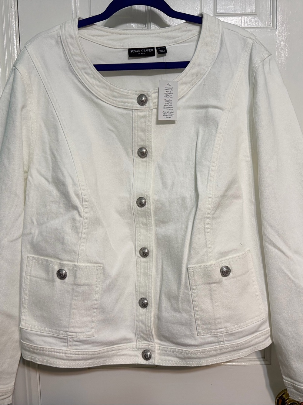 Susan Graver NWT White Stretch Denim Collarless Jacket, 4X, $30